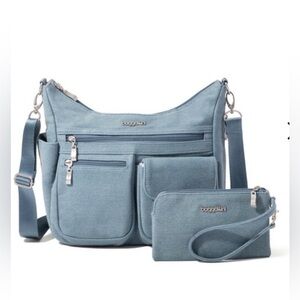 Baggallini Modern Everywhere hobo denim crossbody bag w/removable RFID wristlet